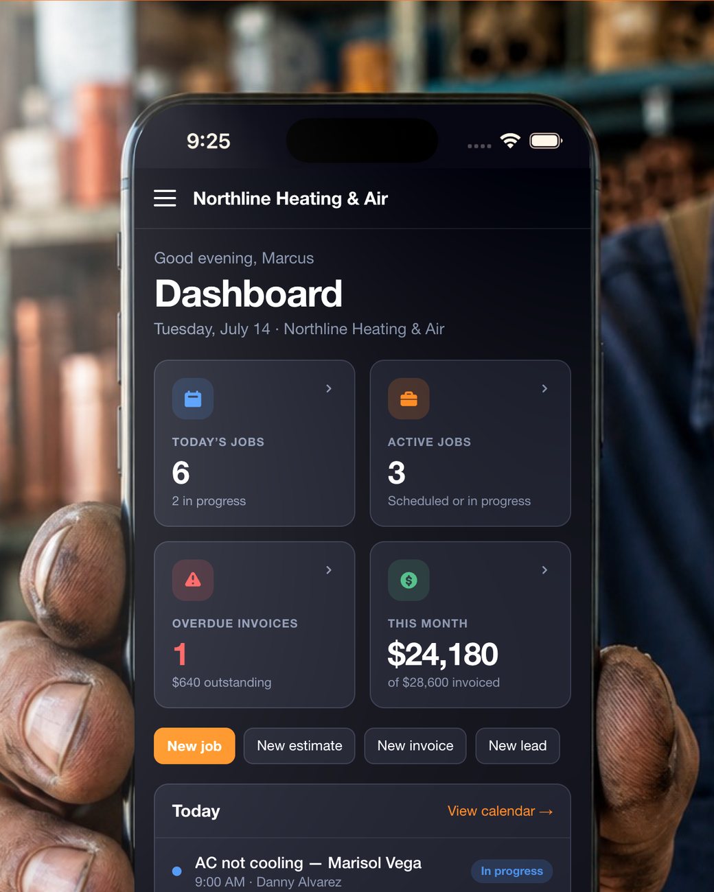 The Daybook dashboard on a phone showing today's jobs, active jobs, overdue invoices and revenue this month.