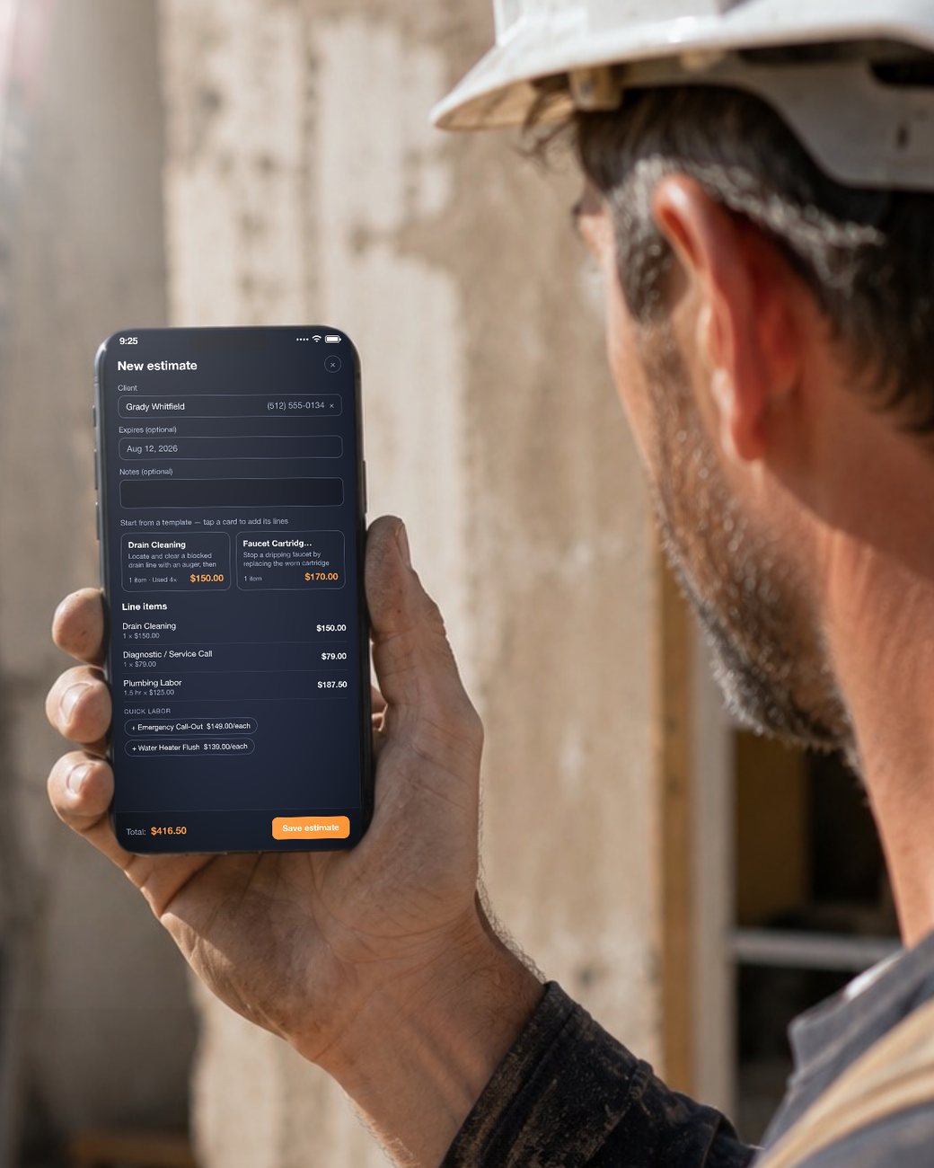 A contractor on site building an estimate on his phone in Daybook, with line items and a running total.