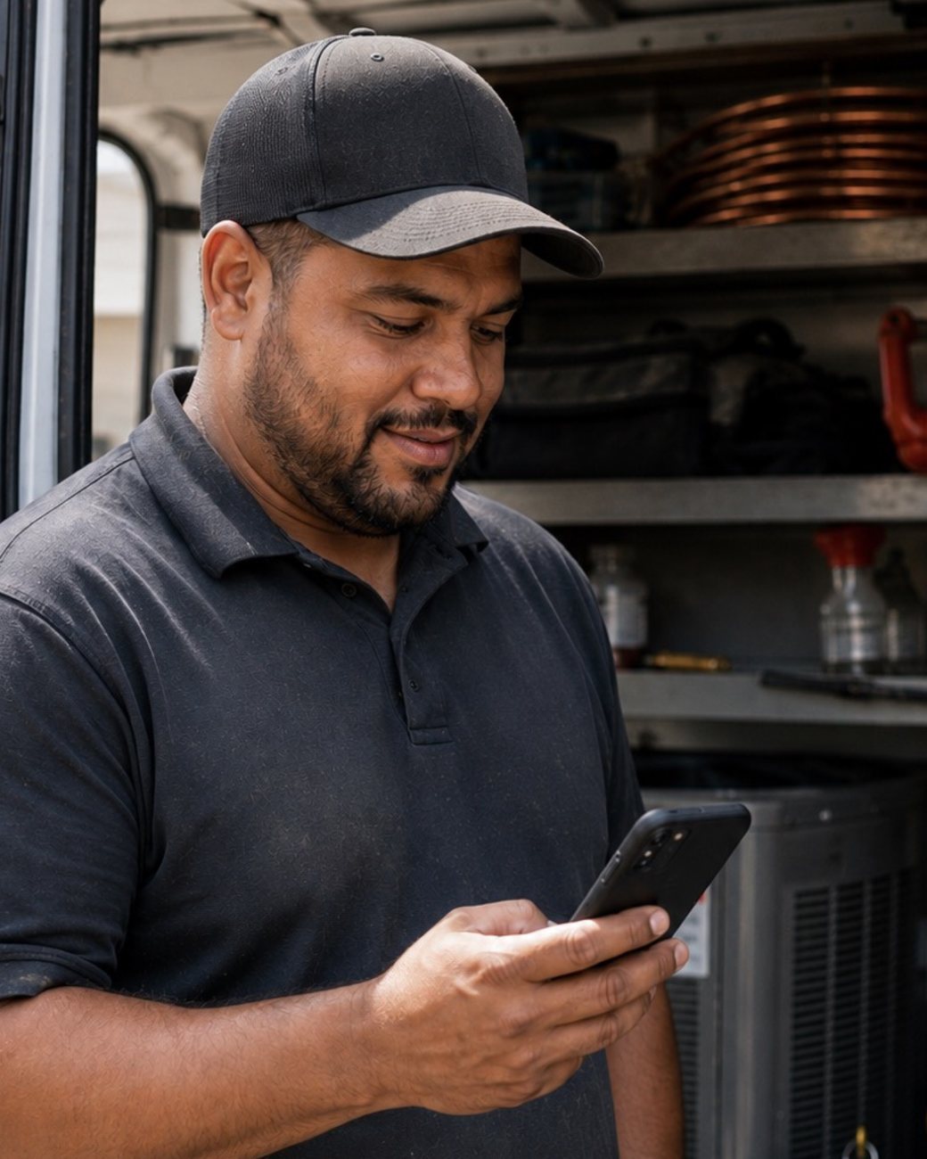 An HVAC technician at his van checking his jobs for the day on the Daybook field app.